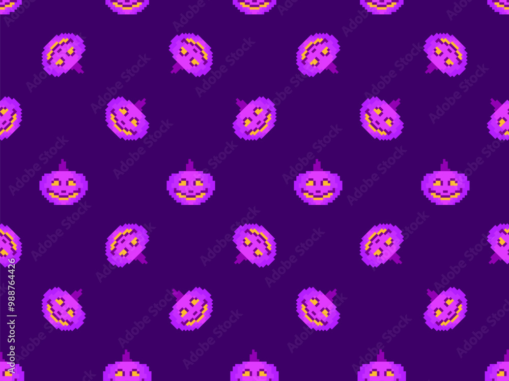 Halloween pumpkins in pixel art style seamless pattern. 8-bit retro graphic pixel pumpkins with carved scary faces. Jack-o-lantern design for wallpaper, banners, and posters. Vector illustration Halloween pumpkins in pixel art style seamless pattern. 8-bit retro graphic pixel pumpkins with carved scary faces. Jack-o-lantern design for wallpaper, banners, and posters. Vector illustration
