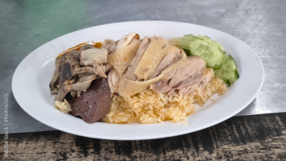Chicken rice in a white plate on the dining table Chicken rice in a white plate on the dining table