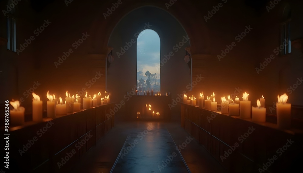 Fototapeta premium A row of lit candles illuminates the dim interior of a dark church during twilight, creating a serene and peaceful atmosphere with flickering flames casting soft shadows