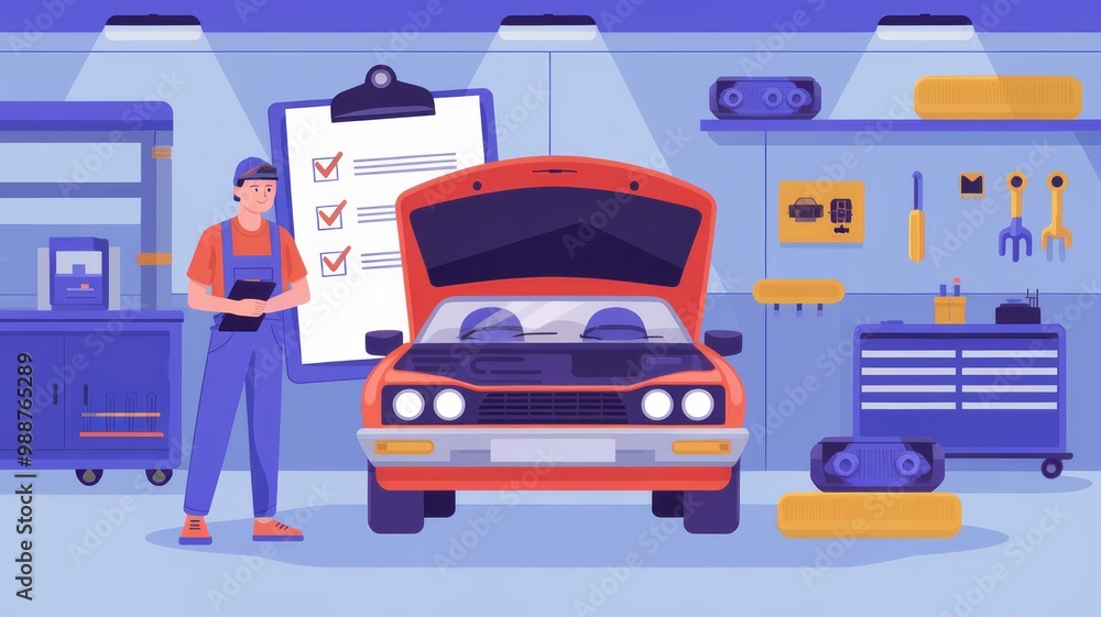 Mechanic Performing Vehicle Inspection with Checklist in a Repair Garage Mechanic Performing Vehicle Inspection with Checklist in a Repair Garage