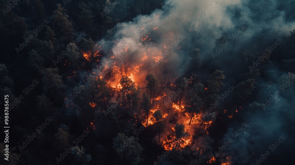 A forest fire is raging through a forest, with smoke billowing into the sky A forest fire is raging through a forest, with smoke billowing into the sky