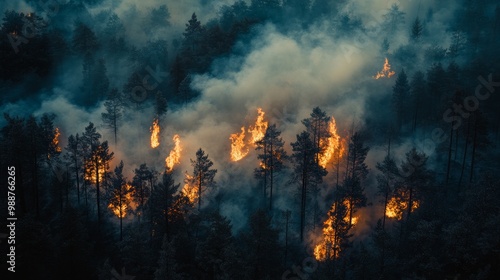 Wallpaper Mural A forest fire is raging through a forest, with smoke billowing into the sky Torontodigital.ca