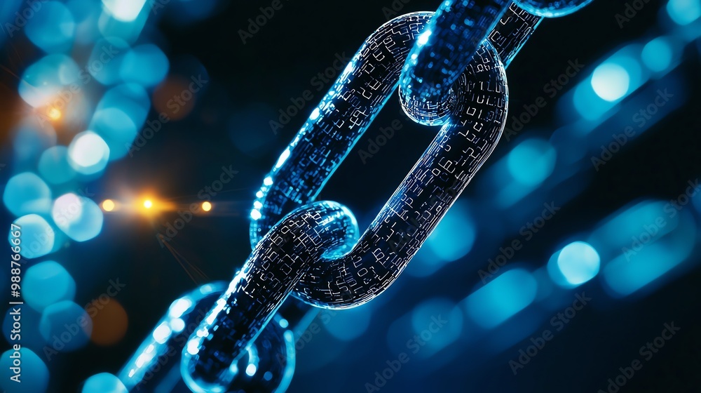 Close-up of a glowing blue digital chain link against a dark background, showcasing modern technology concepts. Close-up of a glowing blue digital chain link against a dark background, showcasing modern technology concepts.