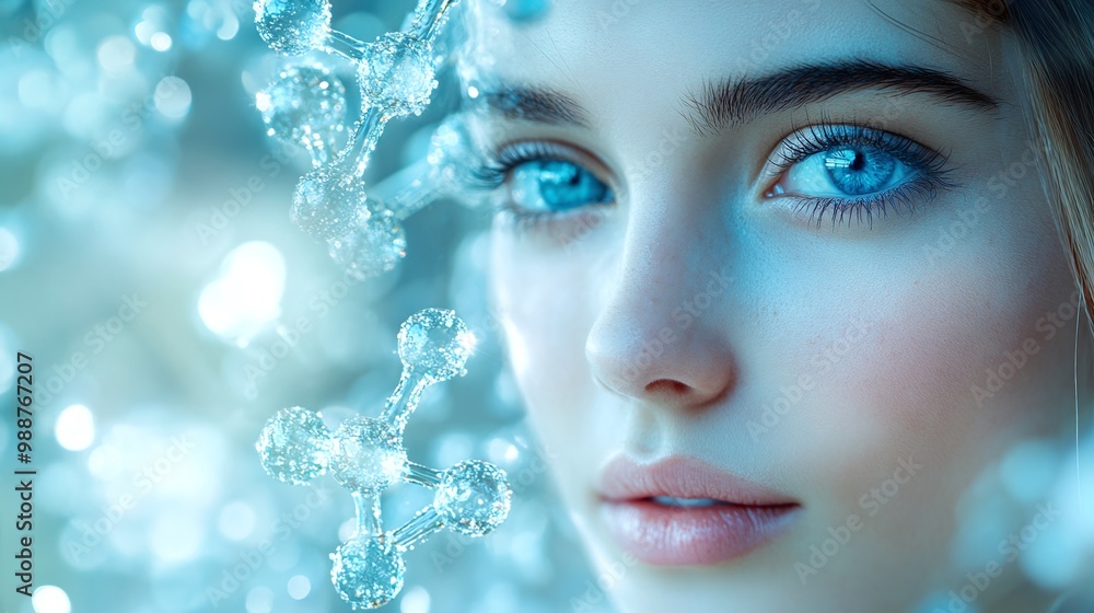 portrait of a woman’s face against a molecular structure background, highlighting the intersection of beauty and science in a visually stunning representation portrait of a woman’s face against a molecular structure background, highlighting the intersection of beauty and science in a visually stunning representation