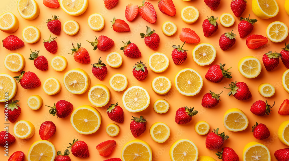 Fresh lemon slices and strawberries pattern background Fresh lemon slices and strawberries pattern background