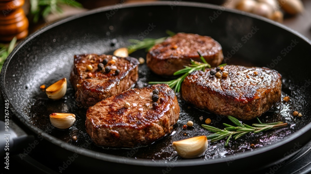 A close-up of a frying pan with perfectly seared steaks, garlic cloves, and rosemary sprigs, with a rustic kitchen background enhancing the cooking ambiance. A close-up of a frying pan with perfectly seared steaks, garlic cloves, and rosemary sprigs, with a rustic kitchen background enhancing the cooking ambiance.