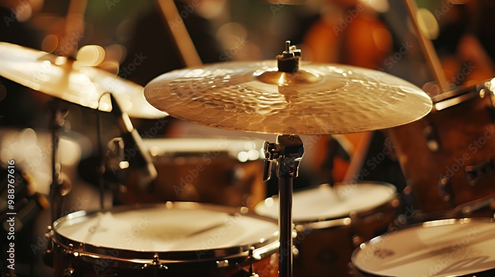 Obraz premium A close up of the drum set on the platform with the symphony in the center becoming blurred