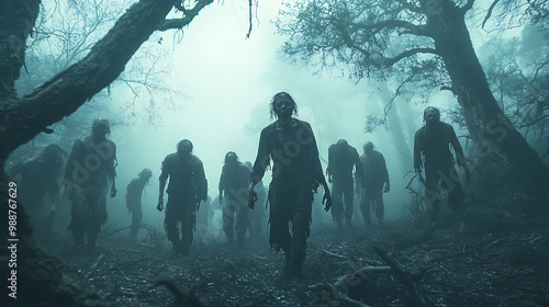A group of zombies walk through a forest