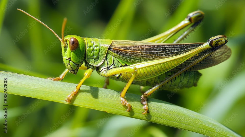A close-up of a grasshopper resting on a blade of grass, highlighting its vibrant green color and the intricate patterns on its wings A close-up of a grasshopper resting on a blade of grass, highlighting its vibrant green color and the intricate patterns on its wings