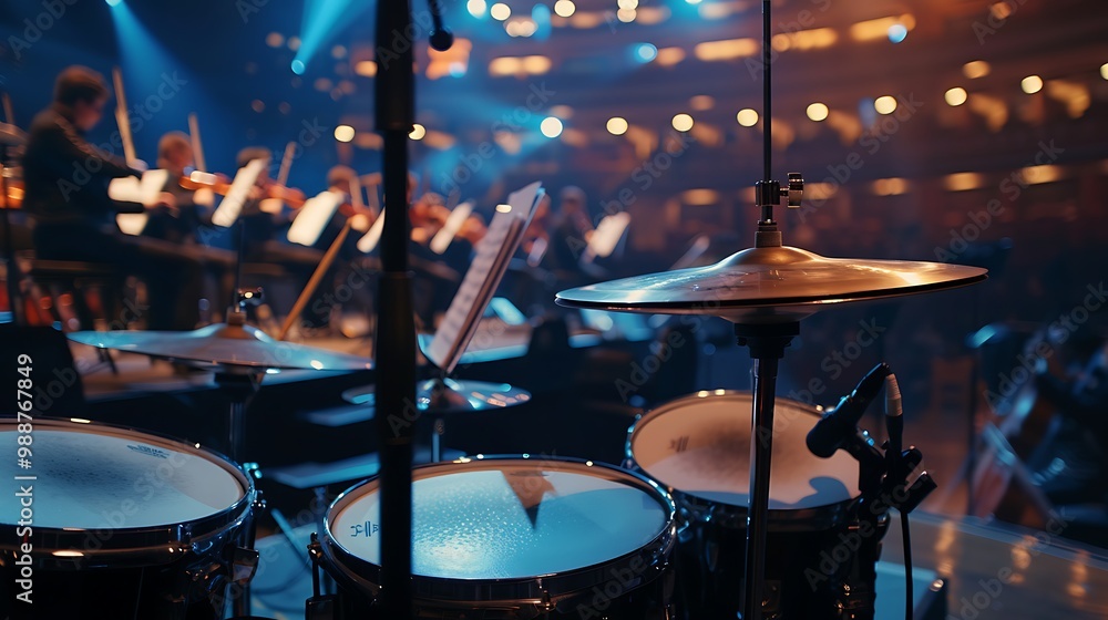 Obraz premium A close up of the drum set on the platform with the symphony in the center becoming blurred