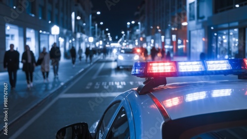 Police Car with Flashing Lights in a Busy City Street at Night