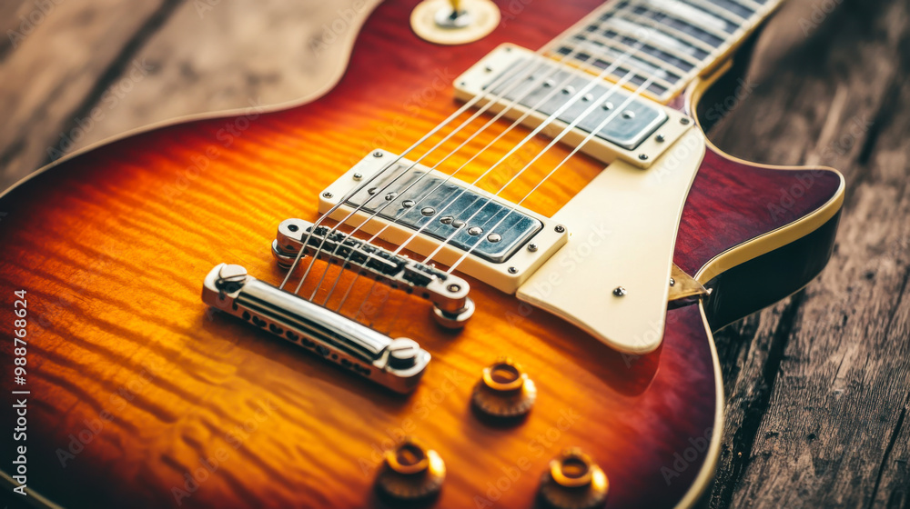 Close-up of an electric guitar resting on a wooden surface showcasing its vibrant sunburst finish and detailed hardware Close-up of an electric guitar resting on a wooden surface showcasing its vibrant sunburst finish and detailed hardware