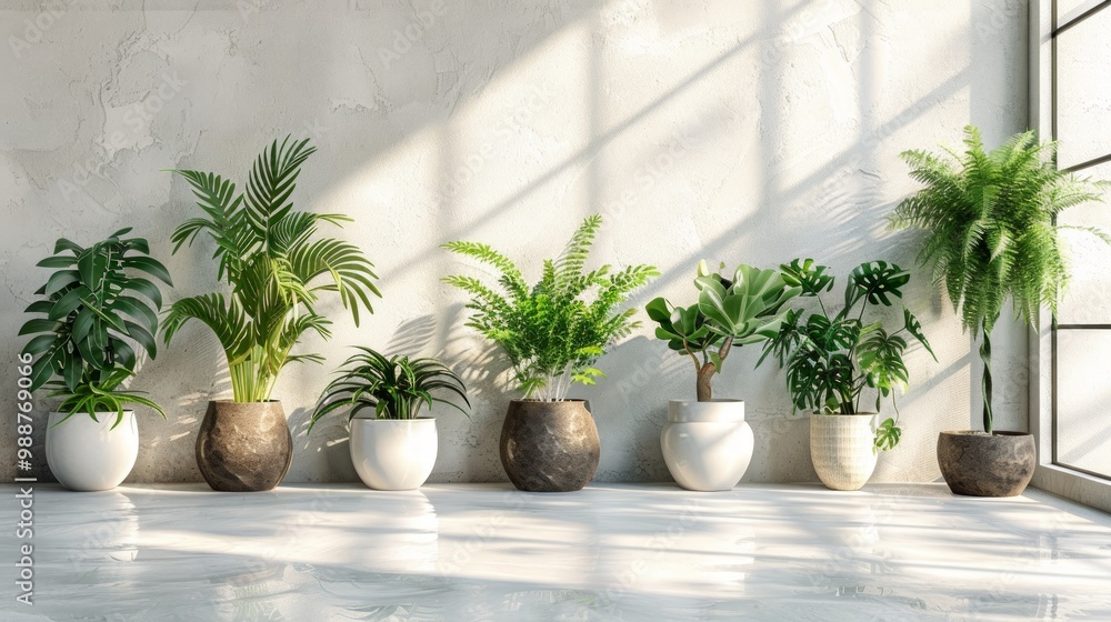 A set of potted plants against a white empty wall background. Geometric pattern. Panorama A set of potted plants against a white empty wall background. Geometric pattern. Panorama