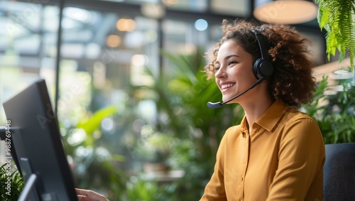 A cheerful and focused customer support agent engages with a client, showcasing remote work dynamics amidst a vibrant, green workplace filled with nature. photo