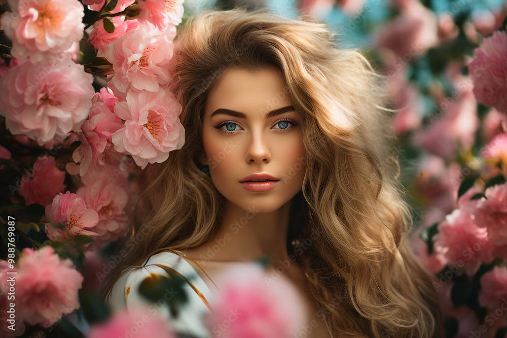AI generated photo image of woman in the fields among the flowers AI generated photo image of woman in the fields among the flowers