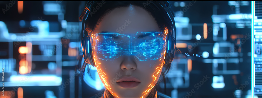 Fototapeta premium Cybernetic Warrior in Futuristic Control Room