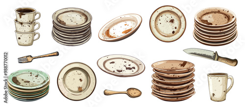 Dirty dishes set. Plate cup mug in a stack fork knife spoon dishware covered by food rust spot. Household cutlery before wash. Piles of dirty utensils. Cartoon style isolated vector clipart collection