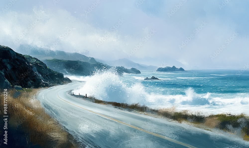 A winding road along a rocky, stormy coastline. A winding road along a rocky, stormy coastline.