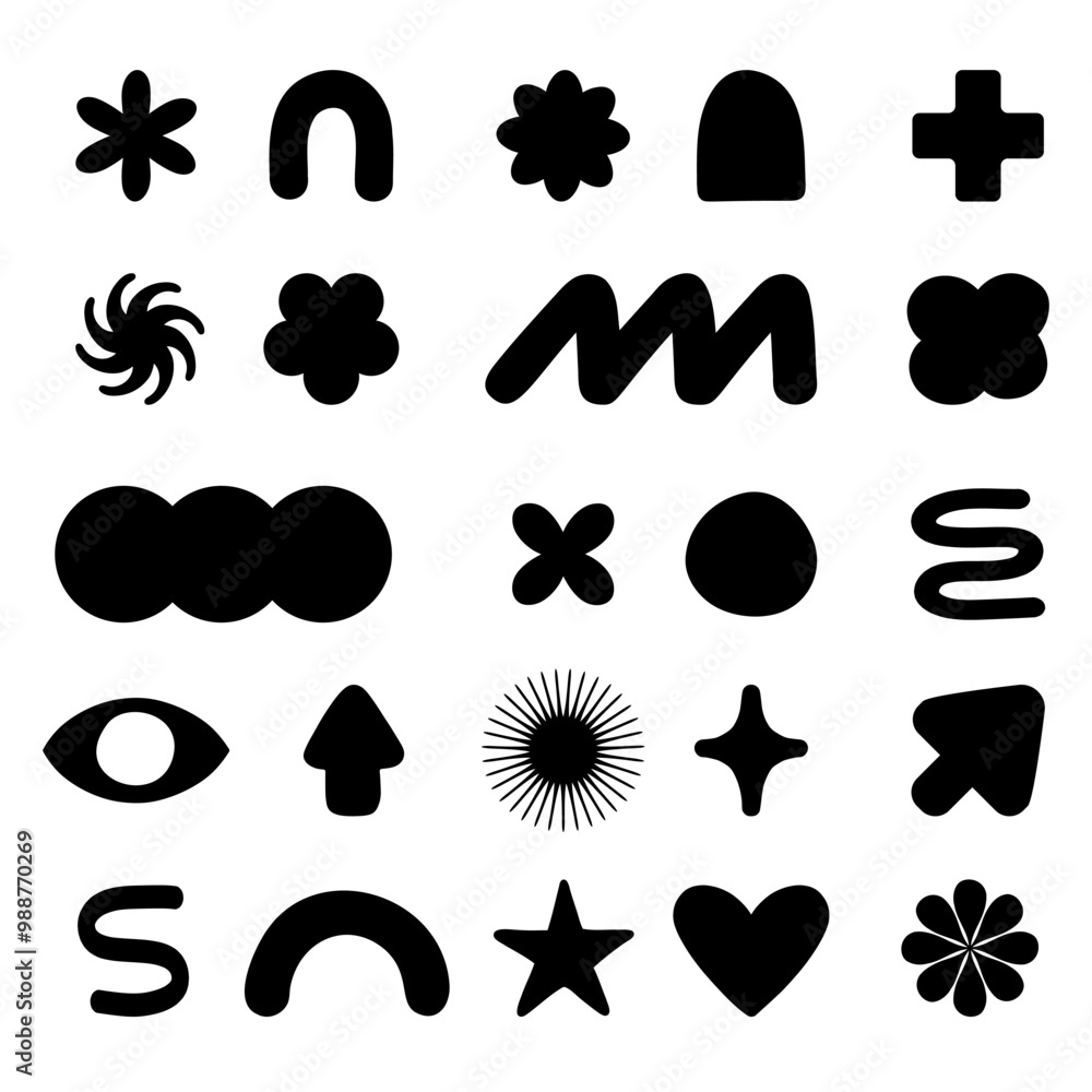 Big set of modern abstract shapes. Y2K nostalgia simple hand drawn shapes and forms. Big set of modern abstract shapes. Y2K nostalgia simple hand drawn shapes and forms.