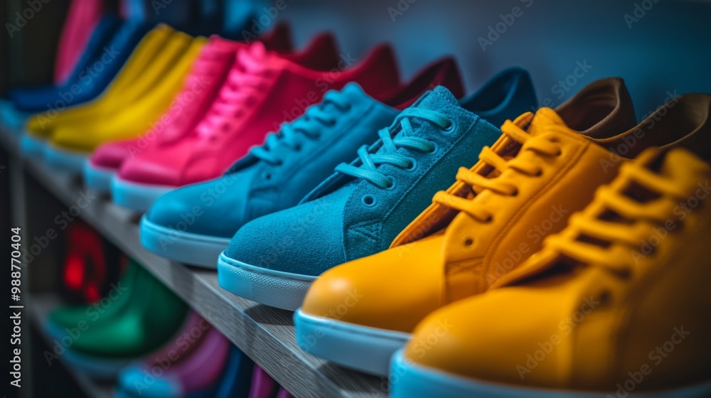 A close-up of a shoe rack with vibrant sneakers and elegant heels, emphasizing the diversity of footwear styles and the importance of proper storage. A close-up of a shoe rack with vibrant sneakers and elegant heels, emphasizing the diversity of footwear styles and the importance of proper storage.