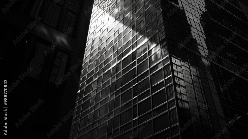 Modern Glass Skyscraper with Reflective Windows in Urban Cityscape Captured in Black and White Modern Glass Skyscraper with Reflective Windows in Urban Cityscape Captured in Black and White