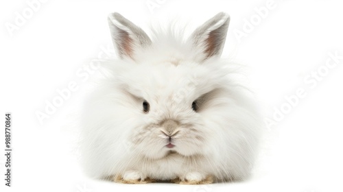 Grumpy Animal. Isolated Cute Bunny with White Fur Coat on White Background