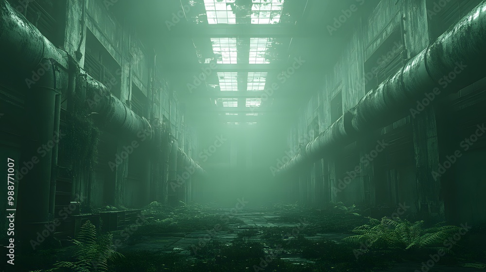 Obraz premium Abandoned Corridor with Hazy Light and Overgrowth