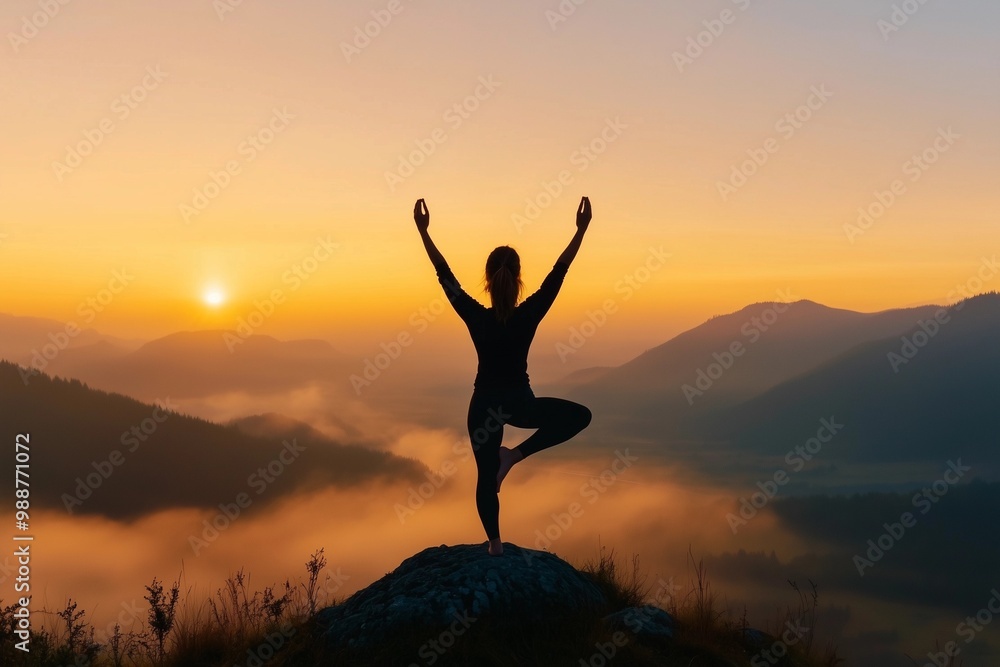 Woman Practicing Yoga on a Mountain Top During Sunrise, Overlooking a Misty Valley