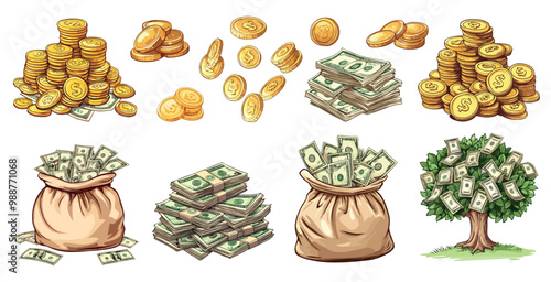Dollar money set. Dollar banknotes pile cash gold coins money tree cash bag with dollars. Investment savings earnings treasure or jackpot money cncept. Finance related element. Cartoon style isolated