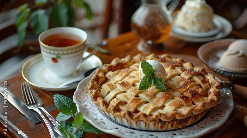 Apple Pie with a Scoop of Ice Cream and Fresh Mint - Delicious Dessert Apple Pie with a Scoop of Ice Cream and Fresh Mint - Delicious Dessert