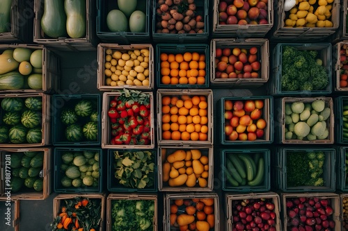 Photo Aerial view of crates filled with various fruits and vegetables, symbolizing organized logistics and distribution in the fresh produce industry 