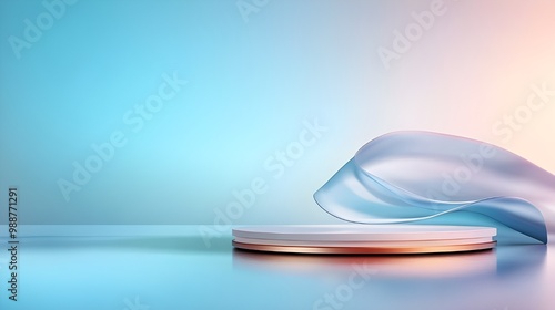 3d render round platform on water and sand with glass wall panels