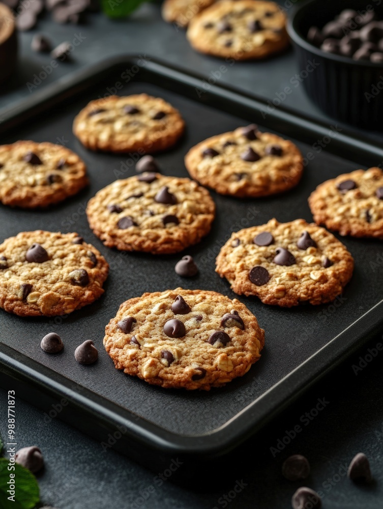 oatmeal cookies with chocolate chips on a baking tray. dark background. copy space. oatmeal cookies with chocolate chips on a baking tray. dark background. copy space.