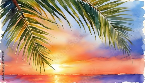 Tropical watercolor sunset featuring palm leaves, vibrant colors, and soft textures for exquisite design inspiration