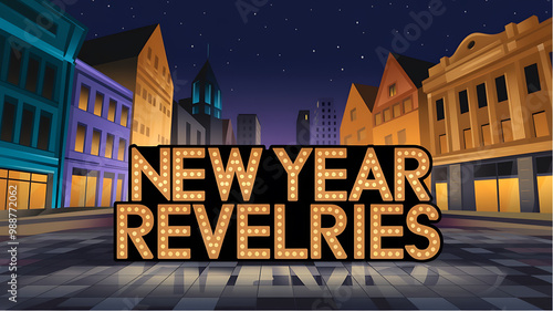 Night cityscape with yellow and blue buildings, New Year revelries sign, festive celebration. 
 photo