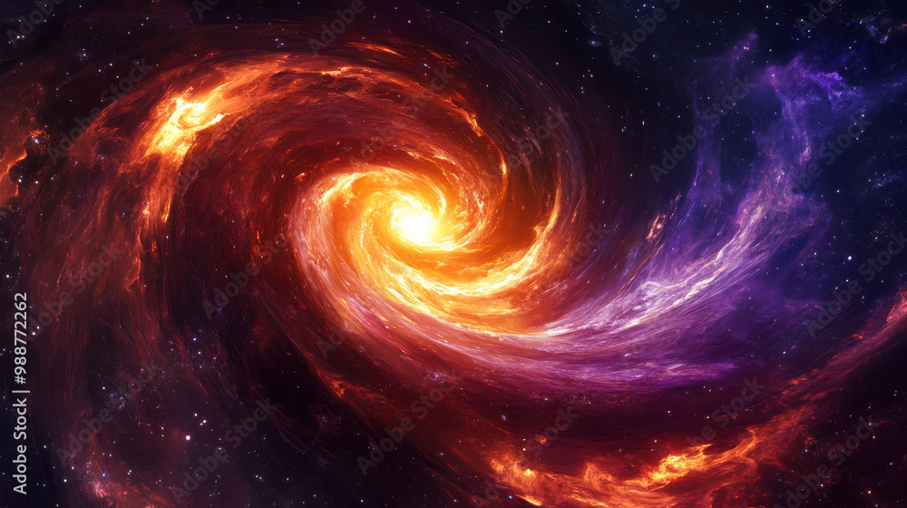 A fiery spiral galaxy, with swirling arms made of flames, in the depths of space. The flames vary in intensity from bright orange A fiery spiral galaxy, with swirling arms made of flames, in the depths of space. The flames vary in intensity from bright orange