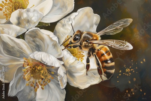 Honeybee Flower. Beautiful Bee Pollinating White Flowers in Flight photo