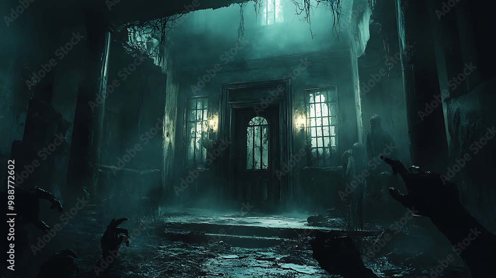 A creepy, dark room with a door that is open A creepy, dark room with a door that is open