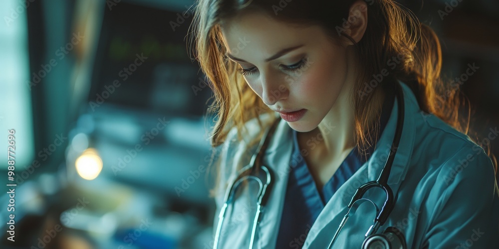 Fototapeta premium Medical professional conducting a thorough physical examination, blurred background showcasing essential healthcare tools and equipment