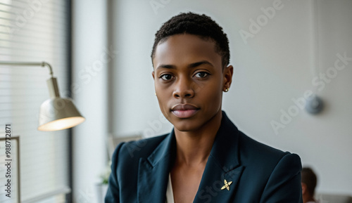 professional growth in a new role, calmness and determination, diversity in recruitment, minimal background at mid-morning, stylish and interesting, trans person portrait photo