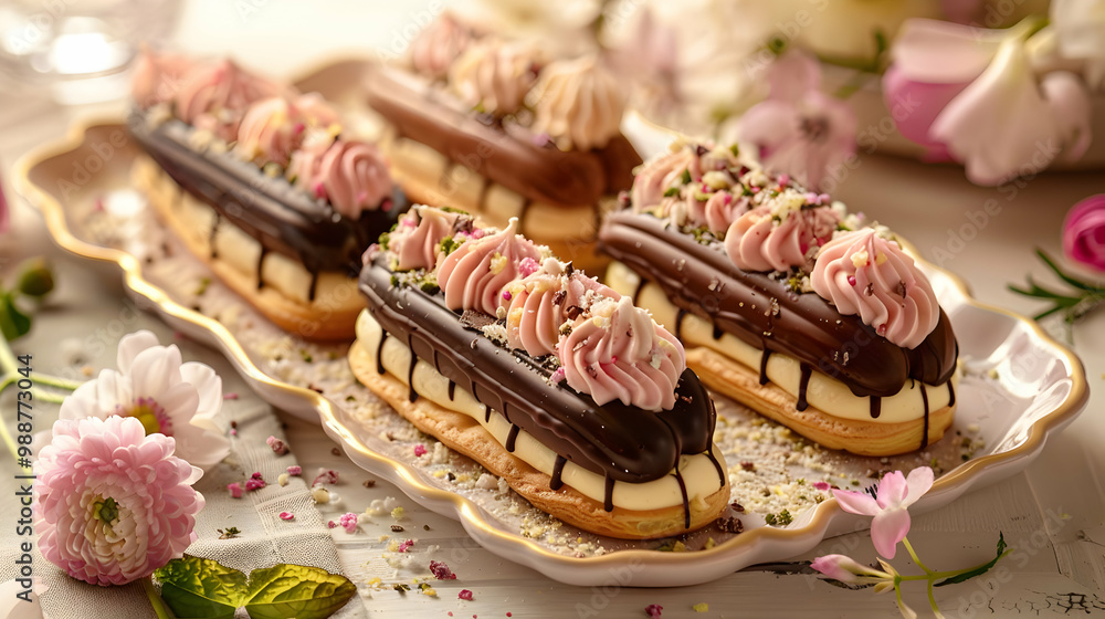 Delicious Chocolate Eclairs with Whipped Cream and Chocolate Glaze Delicious Chocolate Eclairs with Whipped Cream and Chocolate Glaze