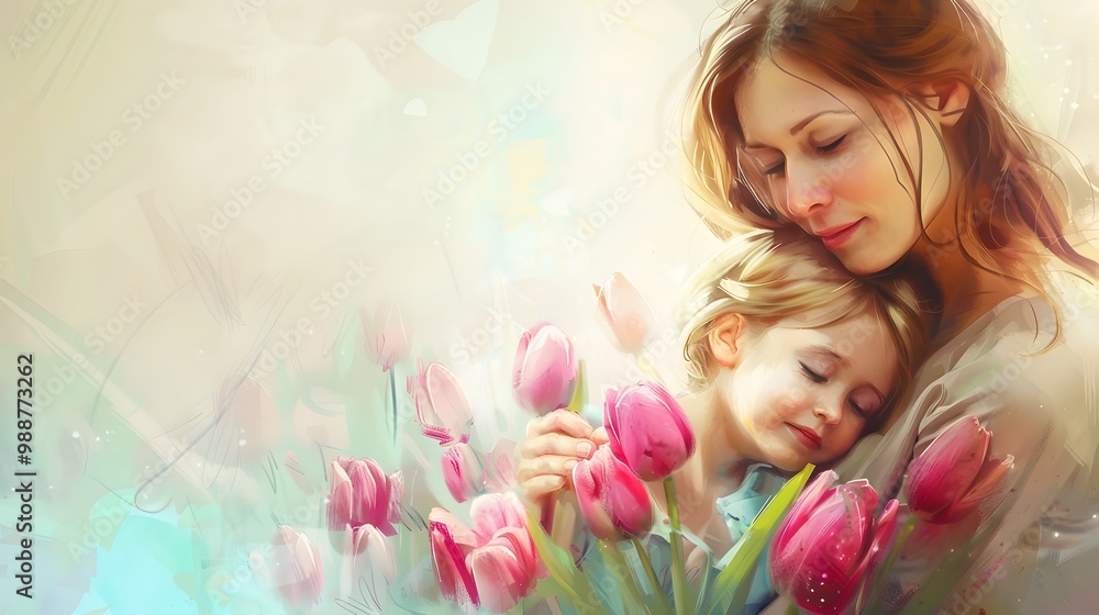 Tender Moment Between Mother and Child Surrounded by Tulips in a Dreamy Spring Setting Tender Moment Between Mother and Child Surrounded by Tulips in a Dreamy Spring Setting