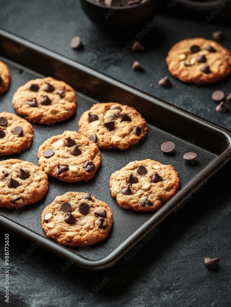 oatmeal cookies with chocolate chips on a baking tray. dark background. copy space. oatmeal cookies with chocolate chips on a baking tray. dark background. copy space.