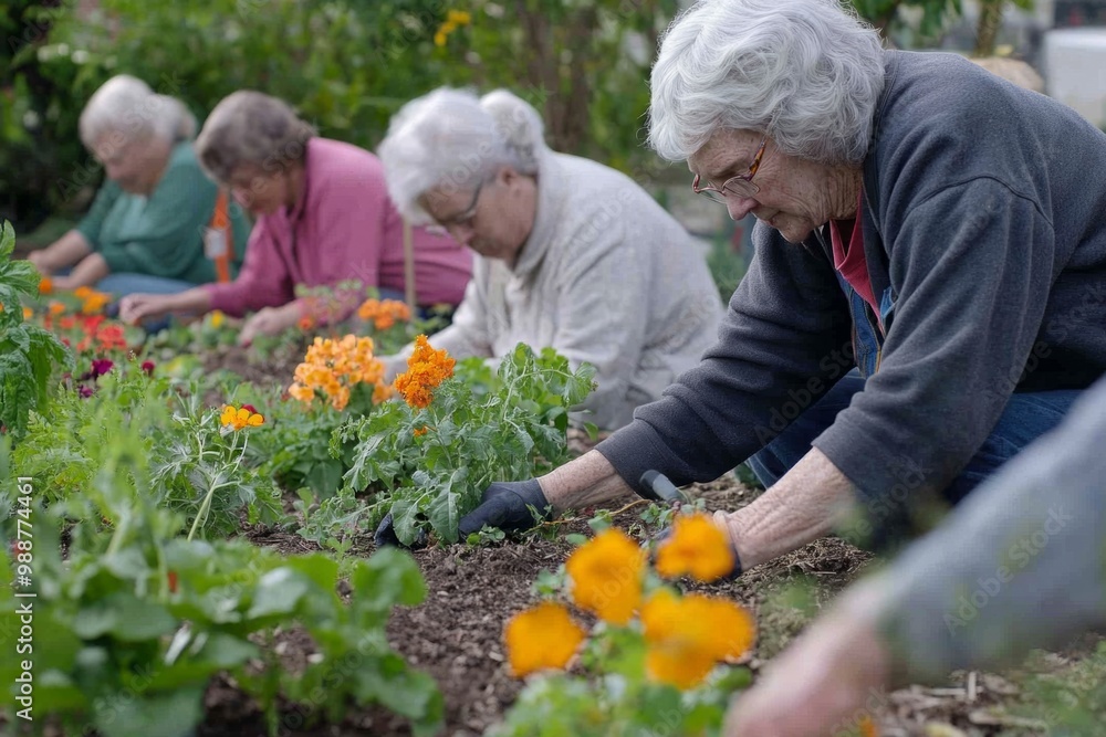 custom made wallpaper toronto digitalElderly women engaged in community gardening. They are planting flowers and vegetables, showcasing teamwork in a vibrant green space. A peaceful and fulfilling activity. Generative AI