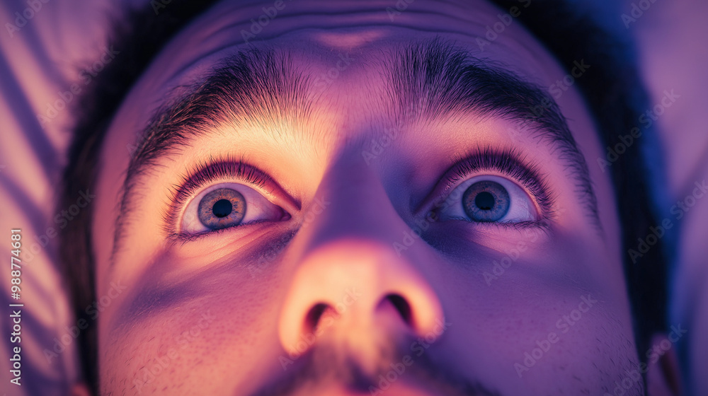 a photo of the face of an insomnia man, his eyes are wide open and alert, gazing upward with a thoughtful expression, the color palette consists of soft, natural earth tones a photo of the face of an insomnia man, his eyes are wide open and alert, gazing upward with a thoughtful expression, the color palette consists of soft, natural earth tones