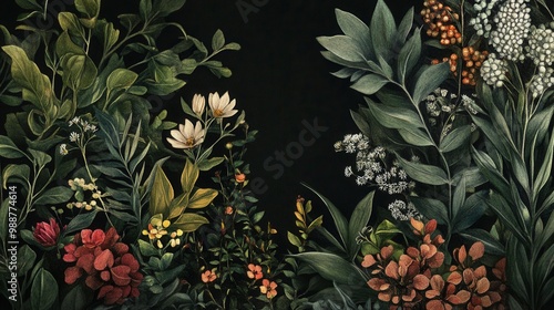 Detailed botanical watercolor illustration on dark background
