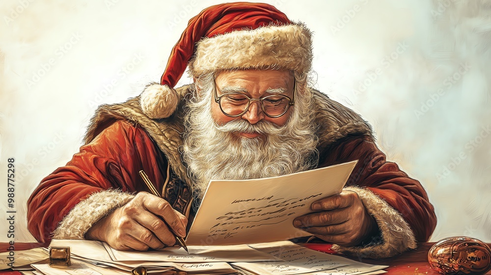 Fototapeta premium Santa writing letters to children, heartfelt moment, classic art style, traditional holiday colors, isolated on white background