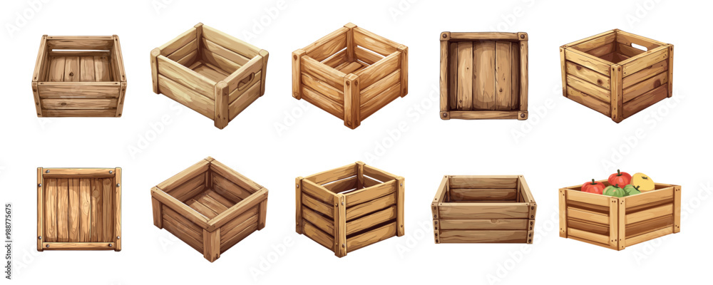 Empty wood box for vegetables and fruits set. Delivery warehouse natural material storage containers shipping parcels. View from different angles. Wooden crate packages boxes. Cartoon style isolated Empty wood box for vegetables and fruits set. Delivery warehouse natural material storage containers shipping parcels. View from different angles. Wooden crate packages boxes. Cartoon style isolated