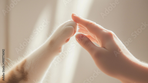 a cat's paw touching a human hand in a high-five gesture with the pads of the catâ€™s paw gently pressing against the human's palm against an isolated light ivory background