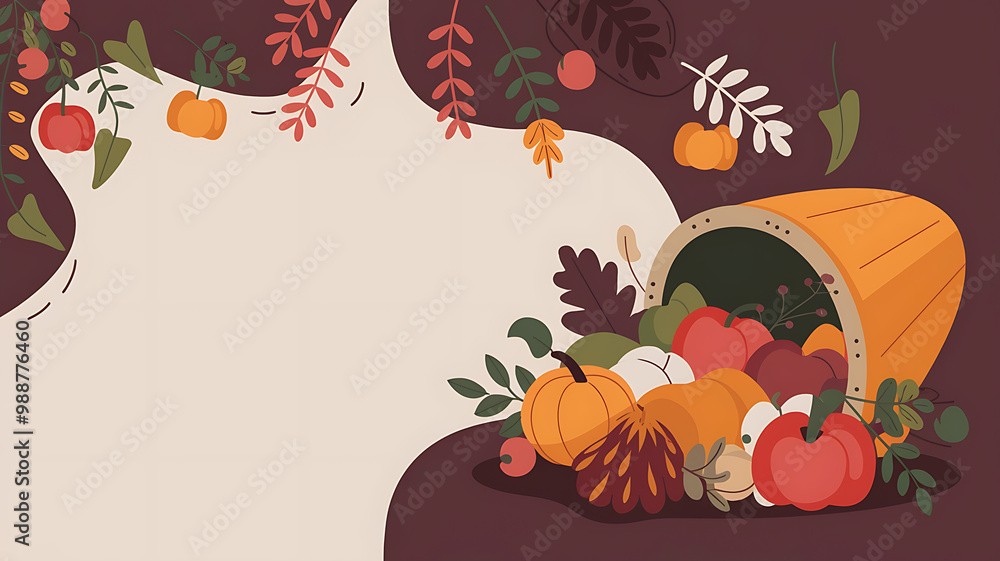 Fototapeta premium Orange and red fall harvest cornucopia with leaves and a blank space for text, perfect for Thanksgiving greetings. 